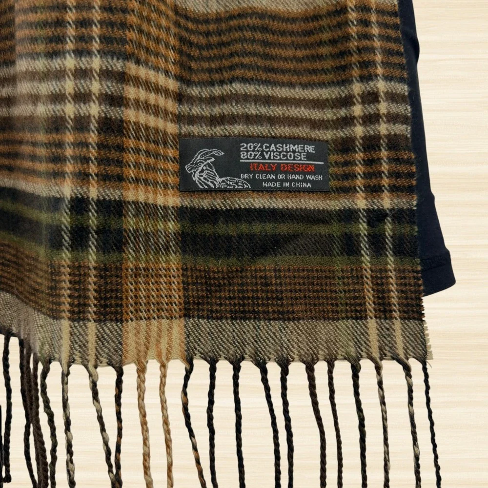 Cashmere Blend Plaid Scarf Brown Tan Tartan Fringe Italy Design Classic Preppy